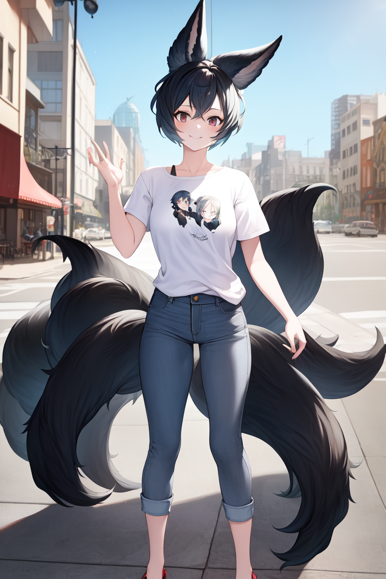 2494834-4267870743-masterpiece, best quality, absurdres, perfect anatomy, 1girl, solo, YouGB, short hair, multiple tails, t-shirt, denim pants, out.png